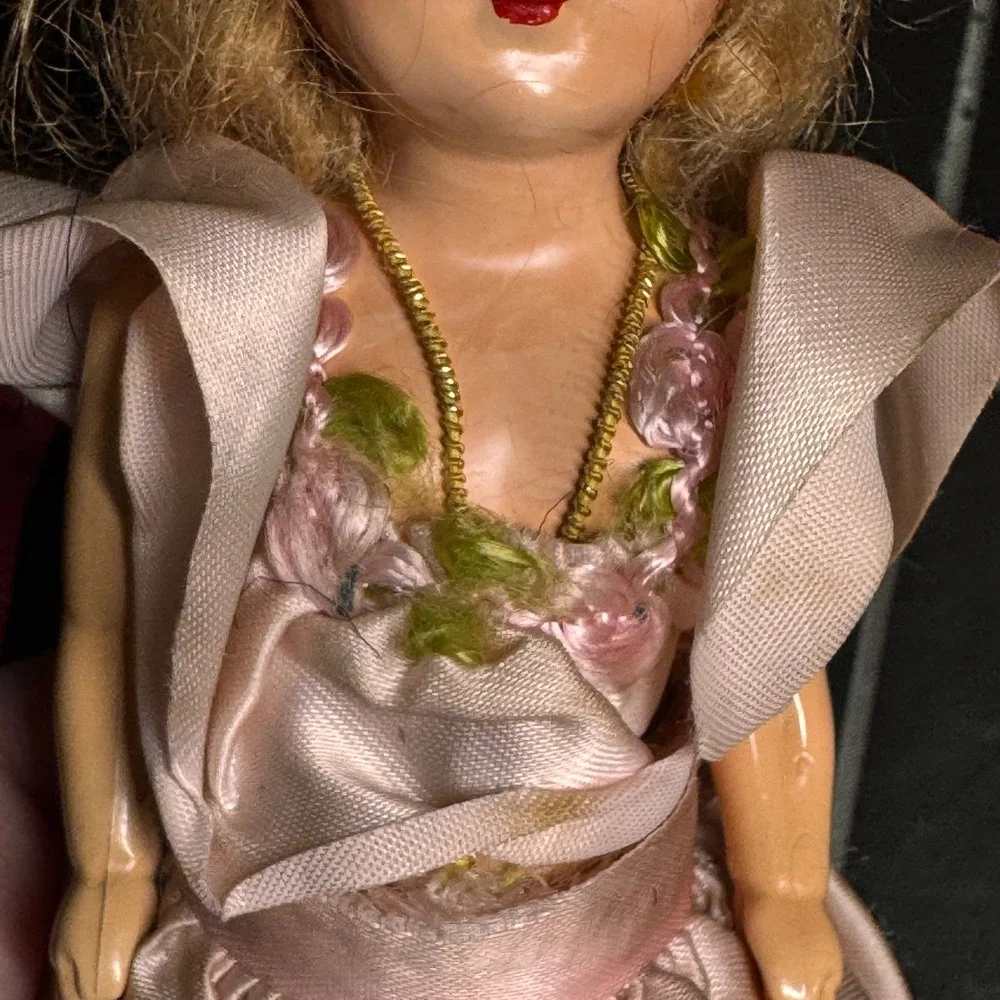 Vintage Composition Doll Pink Satin‎ Gown Floral Embroidery 7.5 Inch Blue Eyes